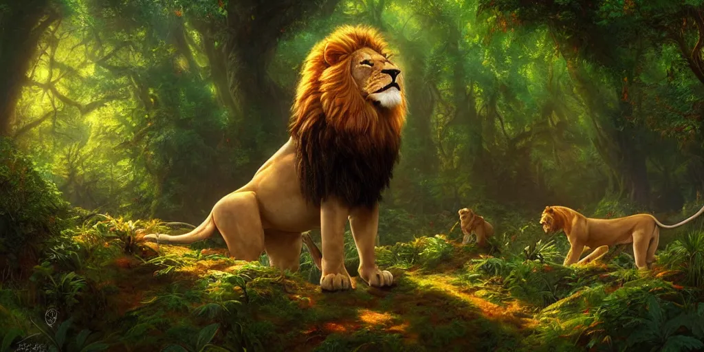 Prompt: lion in the forest, fantasy art, matte painting, sharp focus, vibrant colors, high contrast, illustration, art by justin gerard