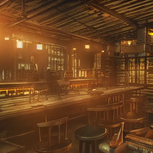 Prompt: ultra mega super hyper realistic Digital concept interior design of Cyberpunk tavern mixed with medieval style. Natural sunlight from the transperient roof . Rendered in VRAY and DaVinci Resolve and MAXWELL and LUMION 3D, Volumetric natural light