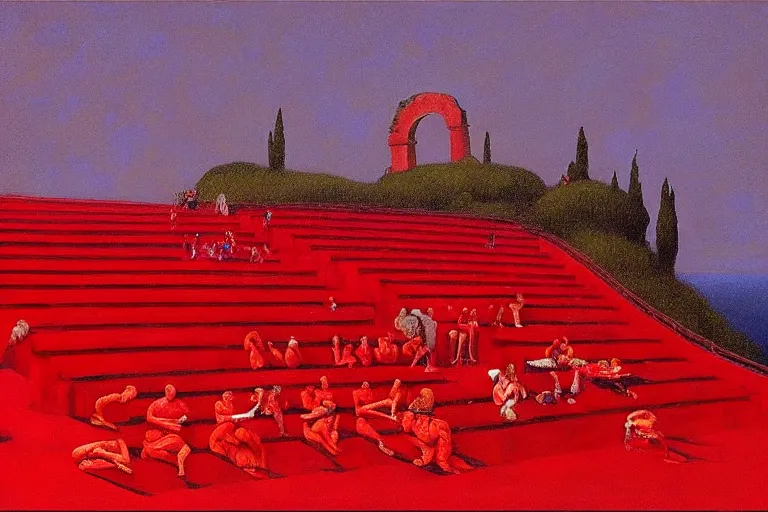 Image similar to only with red, a red great emperor, taormina amphitheatre, expressive crowd with big smile, in the style of beksinski, parts by edward hopper, parts by rodcenko, parts by yue minjun, intricate and epic composition, red by caravaggio, insanely quality, highly detailed, masterpiece, red light, artstation, 4 k