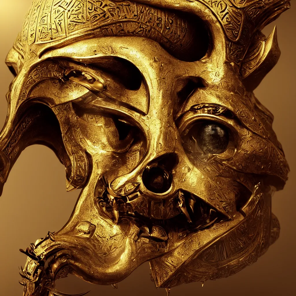 Image similar to Photorealistic epic egyptian god face close-up portrait ram skull, jackal skull, gold. ominous, ancient magic, intricate artwork by Tooth Wu and wlop and beeple and ryohei hase. octane render, trending on artstation, greg rutkowski very coherent symmetrical artwork. cinematic, hyper realism, high detail, octane render, 8k