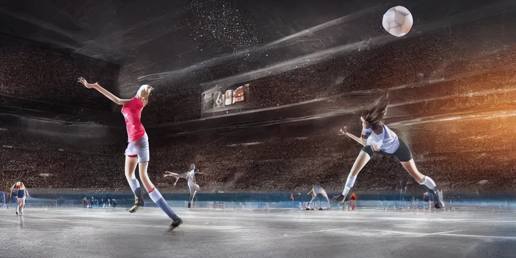 Image similar to young woman plays handball in a stadium, epic lighting, digital art