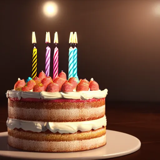 Image similar to cinematic screenshot of a delicious looking birthday cake ; crisp sharp focus ; ultra realistic, concept art, intricate details, food photography, highly detailed, photorealistic, octane render, 8 k, unreal engine. ray traced hdr lighting