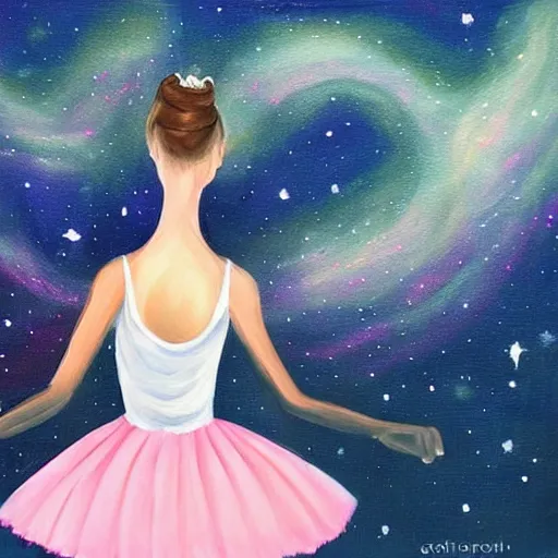 Image similar to ballerina in a dress looking at a starry sky, galaxy, beautiful, painting, highly detailed, soft light