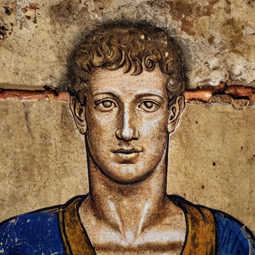 Image similar to photo of an ancient roman fresco on a wall in an ancient villa : mark zuckerberg as a roman noble senator. dressed in a toga. serious facial expressiondetailed, intricate artwork. well - preserved but faded