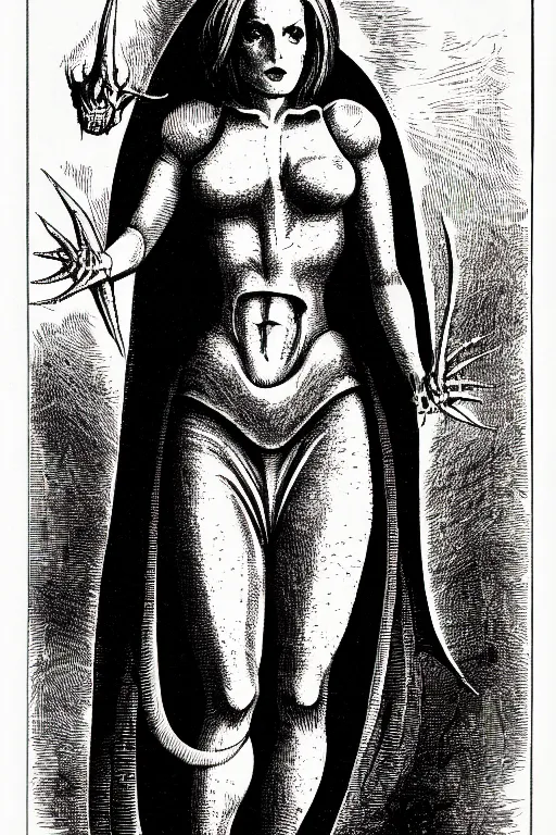 Image similar to dana scully, as a demon from the dictionarre infernal, pen - and - ink illustration, etching by louis le breton, 1 8 6 9, 1 2 0 0 dpi scan, ultrasharp detail, hq scan, intricate details, stylized border