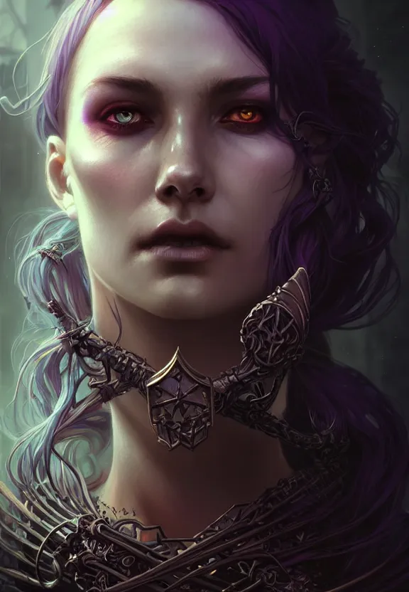 Image similar to Necromancer Sorceress face close-up macro in center, fantasy magic, undercut hairstyle, dark light night, intricate, elegant, sharp focus, illustration, highly detailed, digital painting, concept art, matte, art by WLOP and Artgerm and Greg Rutkowski and Alphonse Mucha, masterpiece