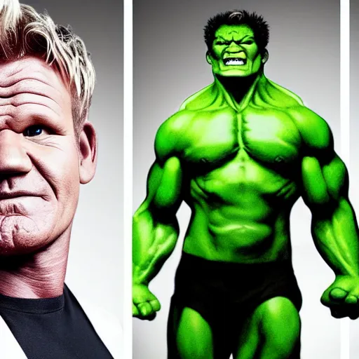 Image similar to Gordon Ramsay transforms into the Hulk, 4k, stock photo, realistic, full body
