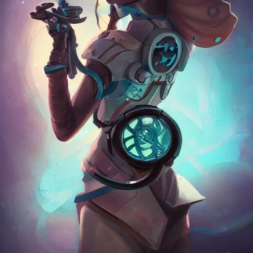 Image similar to cybernetic artificer, cute heroine, magic the gathering art, in the style of peter mohrbacher and keith thompson