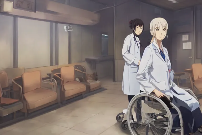 Image similar to a elegant female doctor wearing white coat are serving an old patient in a wheelchair in a hospital ward, slice of life anime, cinematic, realistic, anime scenery by Makoto shinkai