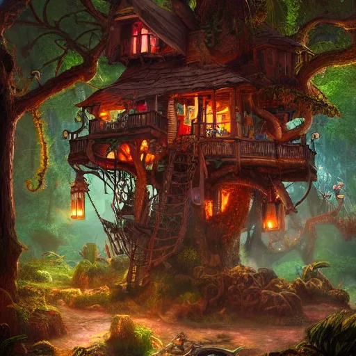 Image similar to tikipunk treehouse, fantasy oil painting, fine art, cinematic lighting, hyperdetailed, 8k, high resolution, insanely detailed and intricate, trending on artstation, octane render