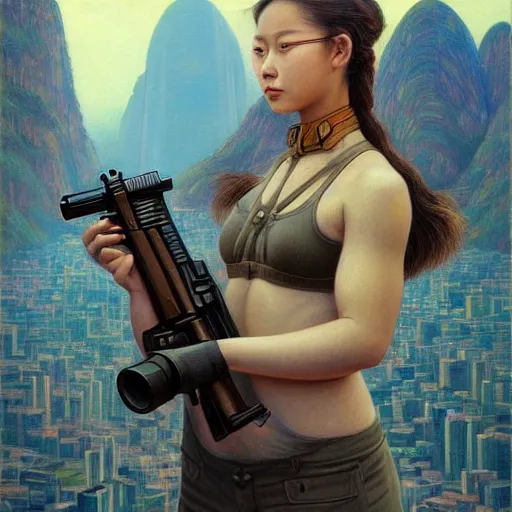 Image similar to a ultradetailed beautiful painting of a girl holding a gun on rio de janeiro by cheng hsiao - ron, ngai victo, jean delville by wlop and dougherty patrick, trending on artstation, sci fi, futurism, post capitalism, octane rendering, sharp focus