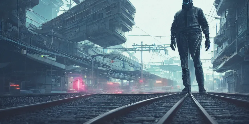 Image similar to a man standing in front of a train on a train track, cyberpunk art by mike winkelmann, trending on cgsociety, retrofuturism, reimagined by industrial light and magic, darksynth, sci - fi