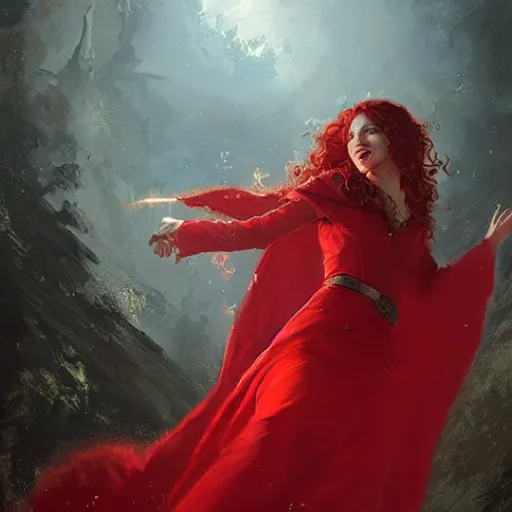 Prompt: Portrait of a female sorcerer with curly red hair wearing a red dress and a red cloak throwing a fireball, art by greg rutkowski
