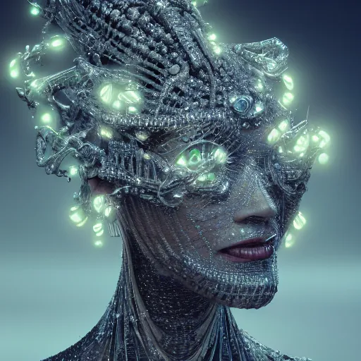 Image similar to full body detailed, ethereal, biomechanical, covered in diamonds and other gems glowing, highly detailed face, elegant posed, intricate, extremy detailed, beeple, cgsociety, 3 d unreal engine octane render. cinematic lighting, highly detailed 4 k art