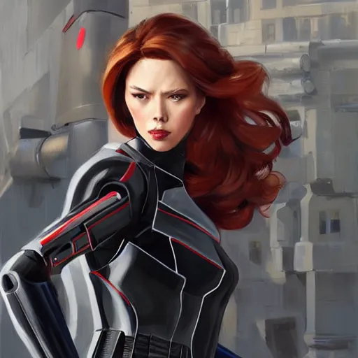 Image similar to greg manchess portrait painting of fully armored natasha romanova aka black widow as overwatch character, medium shot, asymmetrical, profile picture, organic painting, sunny day, matte painting, bold shapes, hard edges, street art, trending on artstation, by huang guangjian and gil elvgren and sachin teng