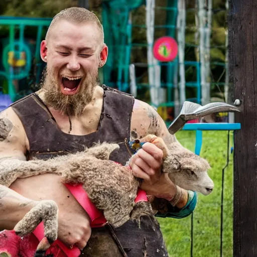 Image similar to ragnar lothrbok cutting off head of lamb at the pet n play zone in zoo with children crying around him while he laughs with beer and bloody axe in hand