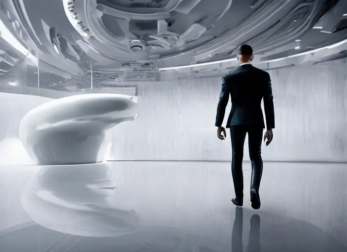 Image similar to cinematic photoshoot of clean modern hand crafted super futuristic man walking out of white pool of milk pro display xpr luxury smooth color metal white silver with black leather padding well design ultrareallistic detailed high quality 8 k photorealistic ultra realistic