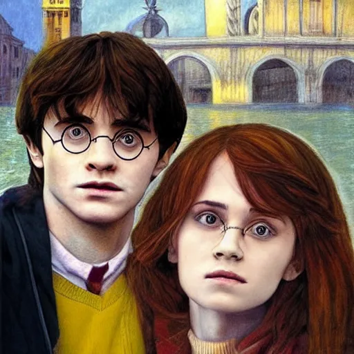 Image similar to Harry Potter Ron and Hermione in Venice, drawn by Mikhail Vrubel, hyper realistic face, symmetrical face, beautiful eyes,