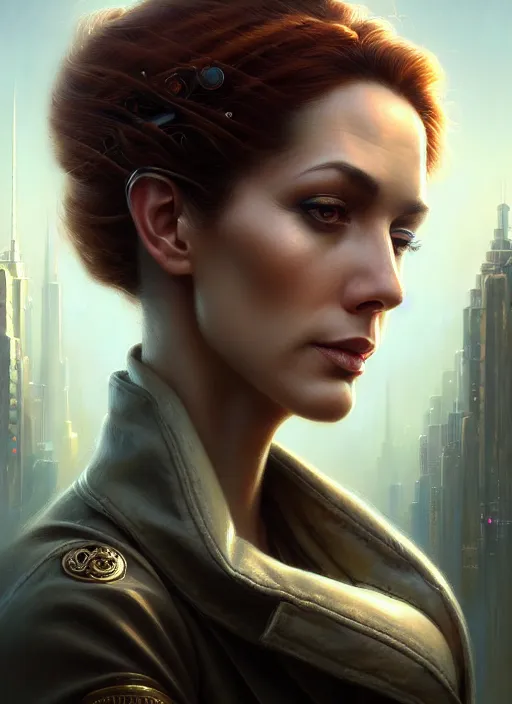 Prompt: closeup portrait shot of a female detective in a scenic cyberpunk mystery environment, intricate, elegant, highly detailed, centered, digital painting, artstation, concept art, smooth, sharp focus, illustration, artgerm, tomasz alen kopera, peter mohrbacher, donato giancola, joseph christian leyendecker, wlop, boris vallejo