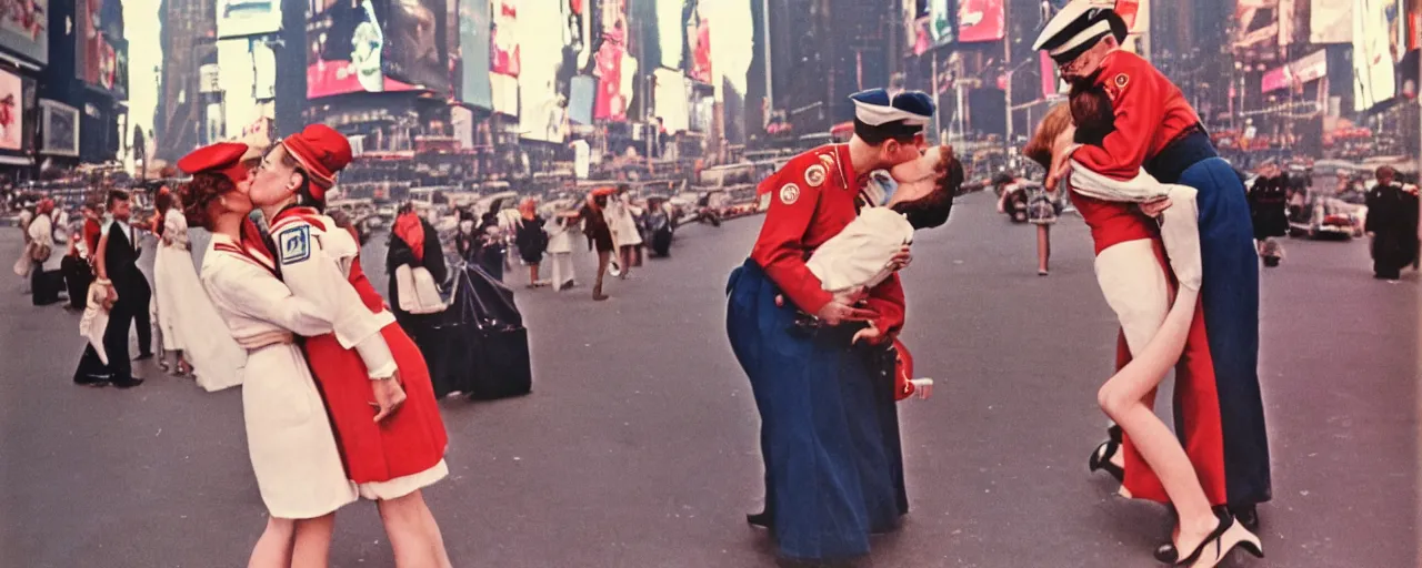 Image similar to alfred eisenstaedt's photograph of an american sailor kissing a woman in times square, spaghetti advertisement in background 1 9 4 5, canon 5 0 mm, kodachrome, retro