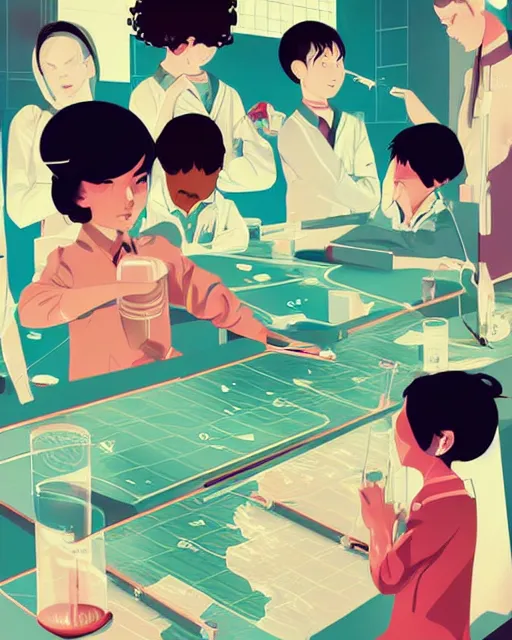 Prompt: a little girl in science lab experiment test tube microscope map. clean cel shaded vector art. minimalist illustration art by lois van baarle, artgerm, helen huang by makoto shinkai and ilya kuvshinov, rossdraws