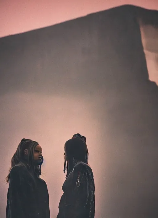 Prompt: cinestill 5 0 d photographic portrait of two loving female androids wearing rugged black techwear on a desolate plain with a red sky in front of a brutalist monolith, extreme closeup, cyberpunk style, dust storm, 8 k, hd, high resolution, 3 5 mm, f / 3 2, ultra realistic faces, ex machina, steve mccurry