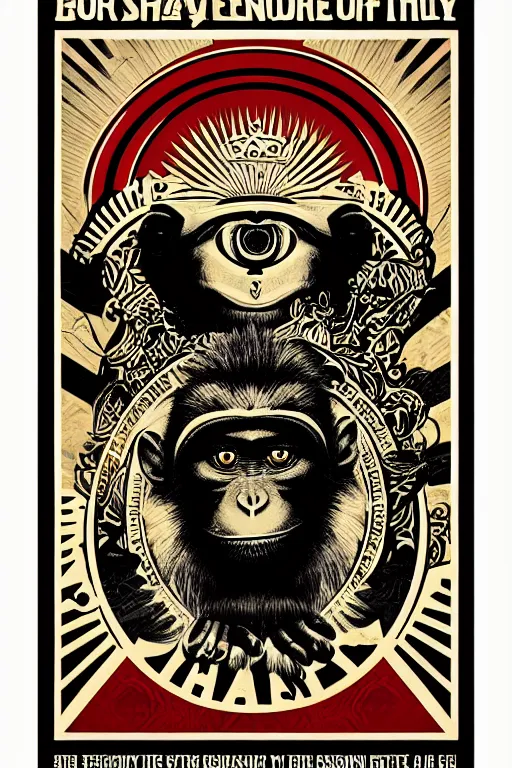 Image similar to Shepard Fairey poster of monkey , color, high resolution.