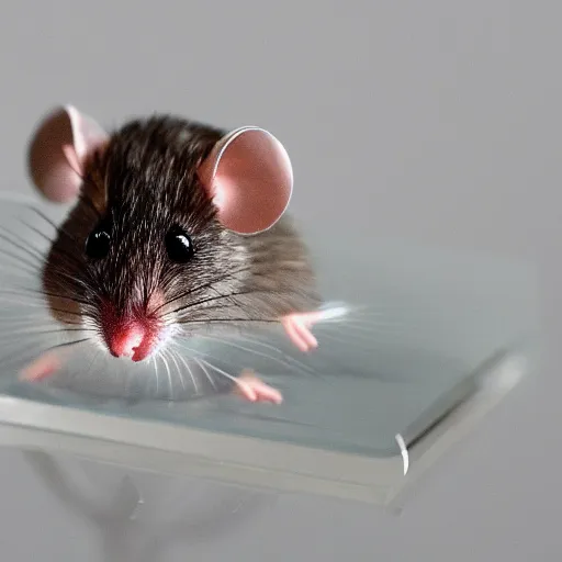 Prompt: mouse whose head is made of clear glass inside of which floats a brain