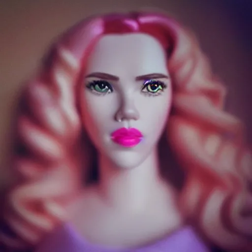 Image similar to “ scarlett johansson portrait, barbie, doll, pink clothes, cinematic lighting, pastel, cute ”