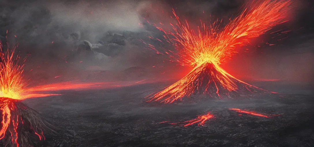 Prompt: Erupting Volcano with Monsters flying around it, gothic art, color, eerie, horror, scary, ominous, 8k, highly detailed