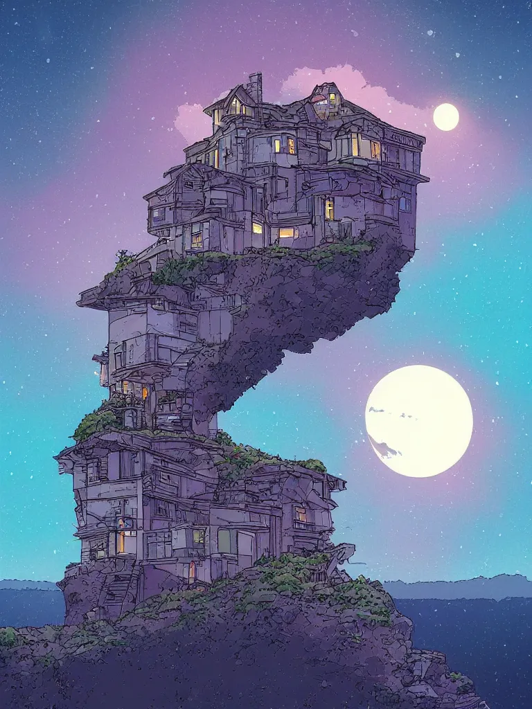 Image similar to a digital art of a small house on the cliff, a huge icy blue moon, a purple sky full of small stars, by laurie greasley, artstation, studio ghibli color scheme