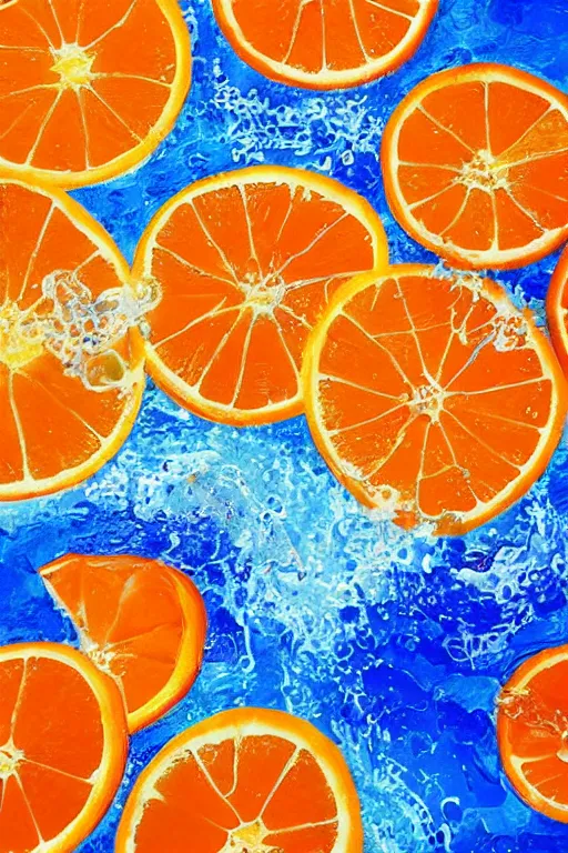 Image similar to a art work of summer ,water,wave , orange and orange slices,blue theme and Yellow accents,Colour composition by Kenya Hara