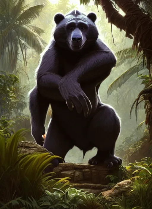 Prompt: baloo from the jungle book ( 1 9 6 7 ), d & d, fantasy, intricate, elegant, highly detailed, digital painting, artstation, concept art, matte, sharp focus, illustration, hearthstone, art by artgerm and greg rutkowski and alphonse mucha