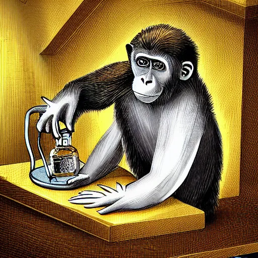 Prompt: a monkey scientist working on his potion digital art