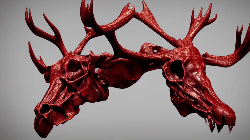 Image similar to stylized shiny polished silver statue full body bizarre extra limbs cosmic horror quadruped animal moose deer skull four legs made of creature tendrils perfect symmetrical body perfect symmetrical face hyper realistic hyper detailed by johannen voss by michelangelo octane render blender 8 k displayed in pure white studio room anatomical deep red arteries veins flesh animatronic