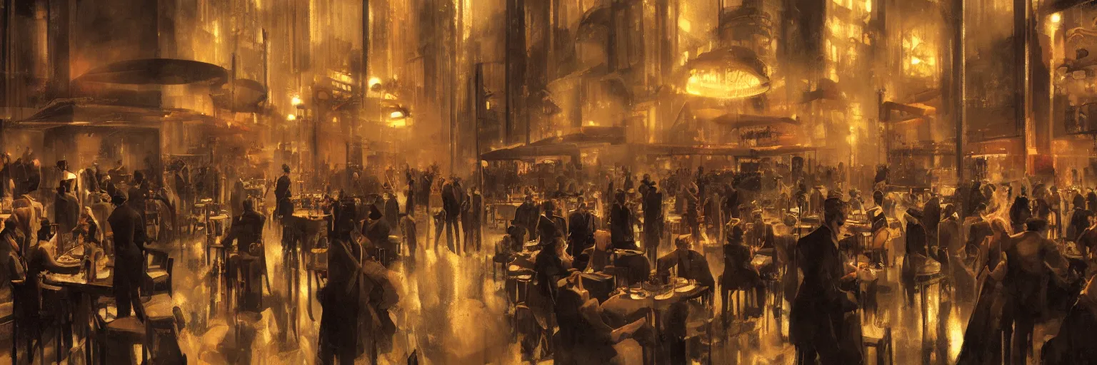 Image similar to Babylon Berlin. Night. Inside a crowded Art deco restaurant. Berlin, late golden 1920s. Gropius. Metropolis. Mist. Highly detailed. Hyper-realistic. Cheerful. Merry mood. Warm colors. Dynamic composition. Matte painting in the style of Craig Mullins