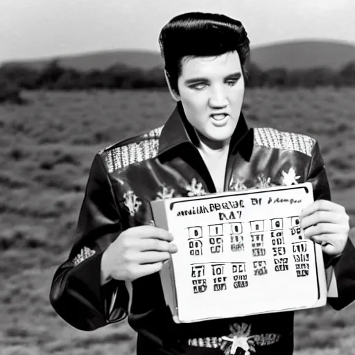 Image similar to Elvis Presley holding up a calendar for August 2022