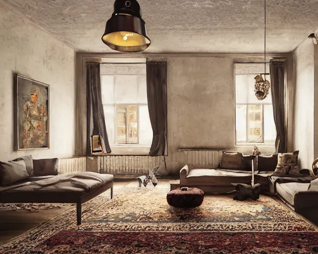 Image similar to a beautiful loft apartment with persian rugs and antique lamps designed by mark mills and nathaniel owings, interior design, architecture, key lighting, soft lights, by steve hanks, by edgar maxence, by caravaggio, by michael whelan, by delacroix, by serov valentin, by tarkovsky, 8 k render, detailed, oil on canvas