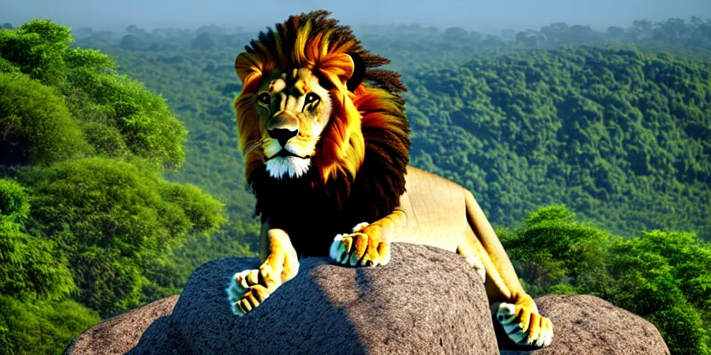 Image similar to hyperrealistic photo of a lion roaring on top of a rock over looking the jungle, 8 k