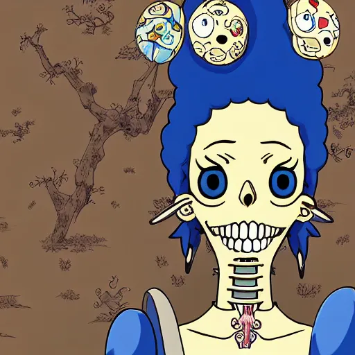 Image similar to manga fine details portrait of joyful skull girl, floeers in hair, marge simpson, skeleton. anime masterpiece by studio ghibli. 8 k render, sharp high quality anime illustration in style of ghibli, artstation