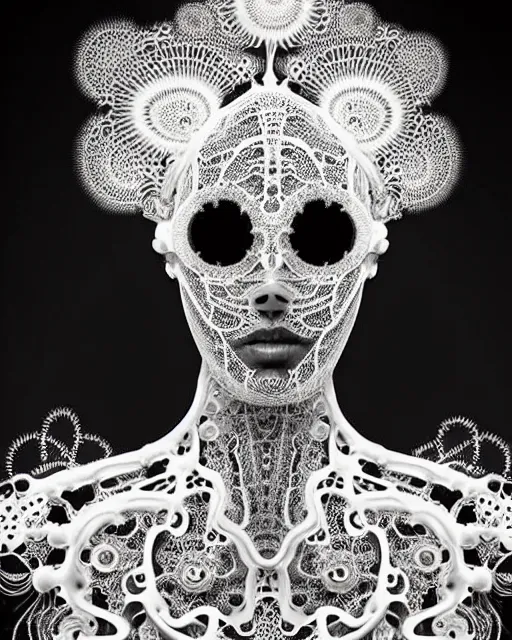 Image similar to surreal black and white photo portrait of complex bio-mechanical beautiful young female vegetal-cyborg with a Mandelbrot fractal steampunk metal fine lace face, a very long neck and a fine metal floral foliage super big lace collar by Alexander McQueen:: smoke, high fashion, haute couture, rococo, steampunk, silver filigree details, anatomical, facial muscles, cable wires, microchip, elegant, dreamy, foggy atmosphere, hyper realistic, 150 mm lens, soft rim light, octane render, unreal engine, picture was taken in 1910 by Man Ray, volumetric lighting, dramatic light,8k,