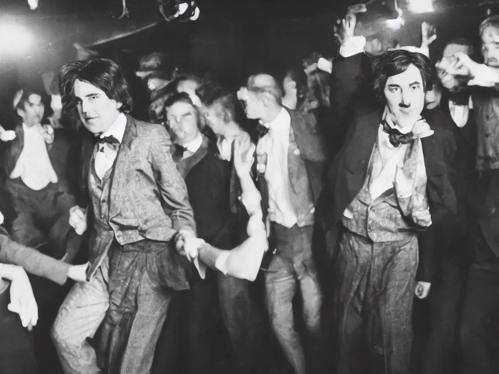 Prompt: dslr close up photo of oscar wilde dancing at a gay club, color, photography, 8 k, highly detailed, lighting, cmyk, realism, 3 5 mm, modern