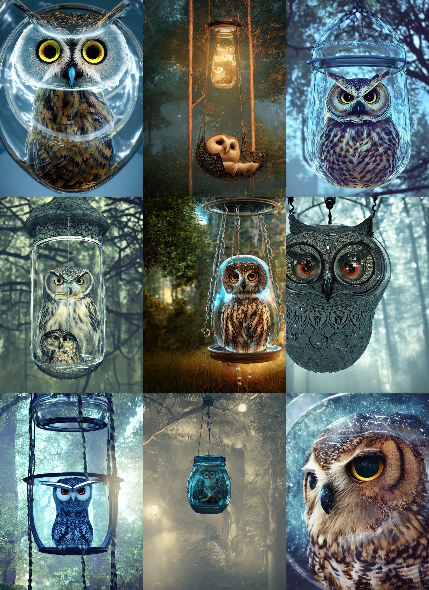 Prompt: photo face of an owl inside a glass jar swing, intricate detail, volumetric lighting, epic composition, hyper detailed, ultra realistic, sharp focus, octane render, volumetric, ray tracing, sense of awe, swirling mist, blue moon