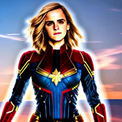 Image similar to Emma Watson modeling as Captain Marvel, (EOS 5DS R, ISO100, f/8, 1/125, 84mm, postprocessed, crisp face, facial features)