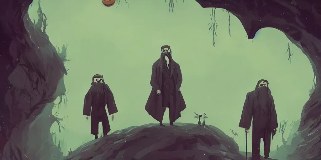Prompt: Grigori Rasputin traveling through a beautiful Soviet world, horror, illustrated by Anato Finnstark and Hayao Miyazaki, trending on artstation