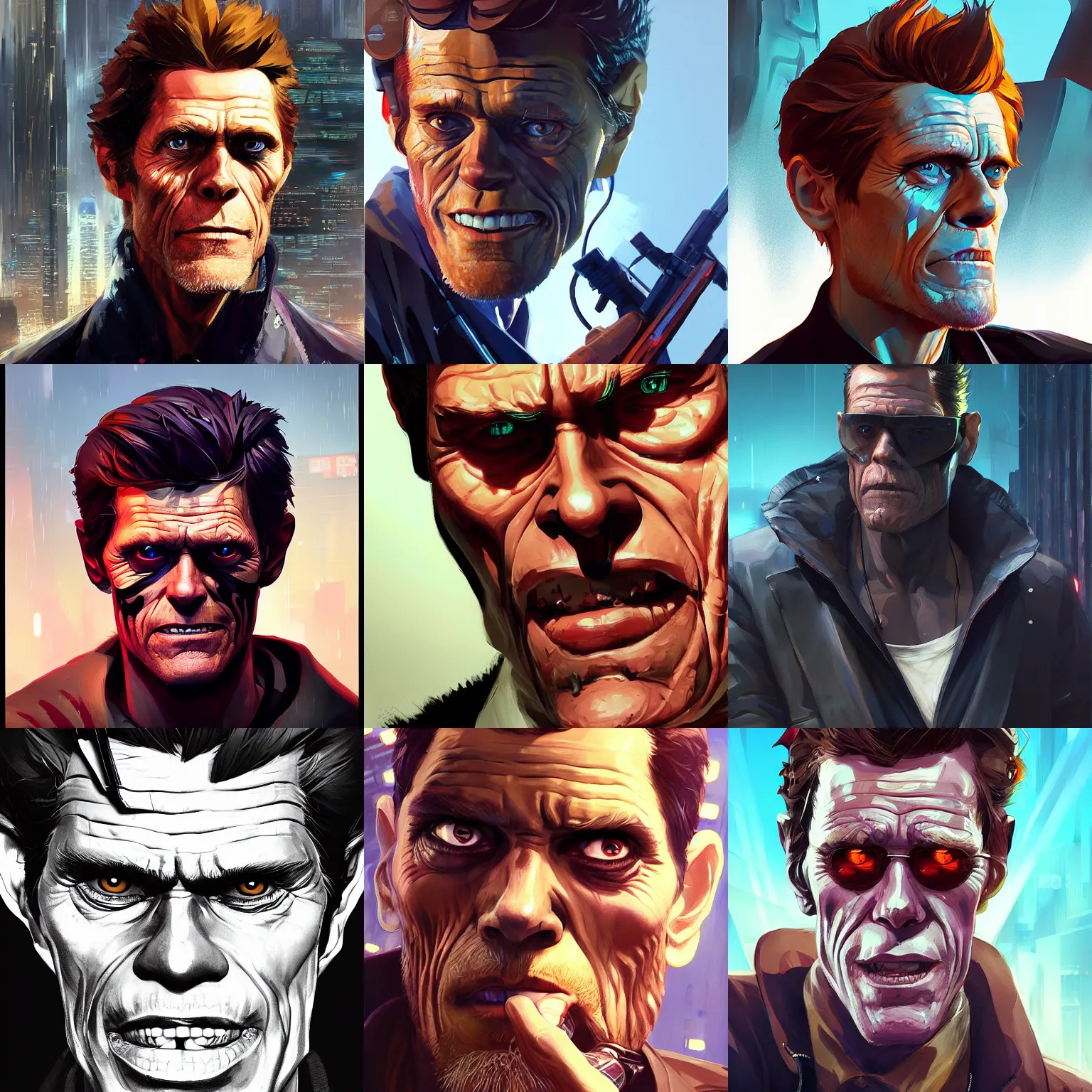 Prompt: close - up portrait of willem dafoe, cyberpunk dark fantasy art, gta 5 cover, official fanart behance hd artstation by jesper ejsing, by rhads, makoto shinkai and lois van baarle, ilya kuvshinov, ossdraws