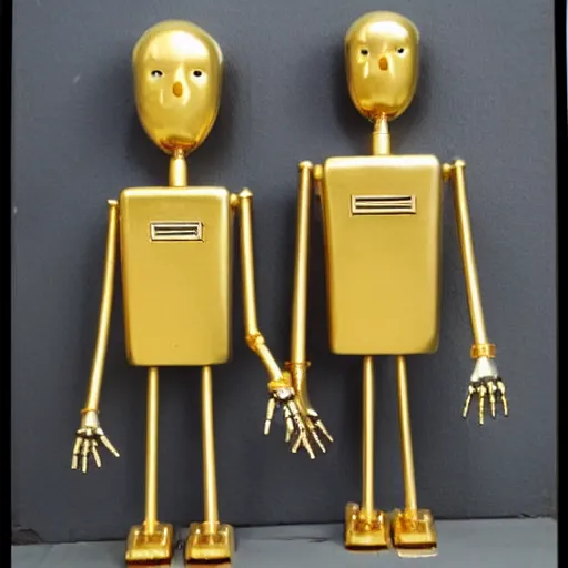 Image similar to retro gold robotic couple on a 8 0 s home decor, vintage photograph