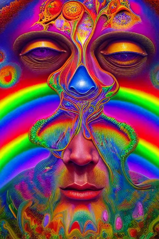 Image similar to hyperrealistic abstract close-up Renaissance psychedelic!! celestial happy! pure creature!! peaceful! kind spirit of nature! beautiful fractal!! eyes! highly detailed concept art eric zener elson peter cinematic hard rainbow lighting high angle hd 8k sharp shallow depth of field endless, inspired by Zdzisław Beksiński Salvador Dali