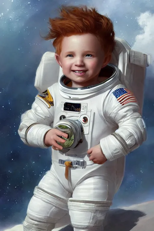 Image similar to a little boy with a cherubic michievous face and ginger hair. he is an astronaut, wearing a space suit. clean elegant painting, beautiful detailed face. by raymond swanland and artgerm and greg rutkowski