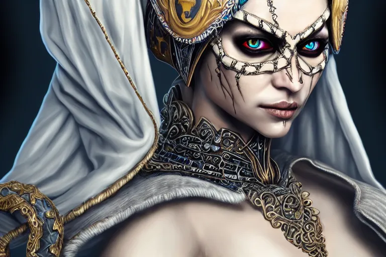 Image similar to a full portrait of a beautiful woman wearing, wearing extremely detailed attire, slim complexity, extremely detailed white eyes, medievil, dnd, extremely detailed, high quality, trending on artstation, photo realistic